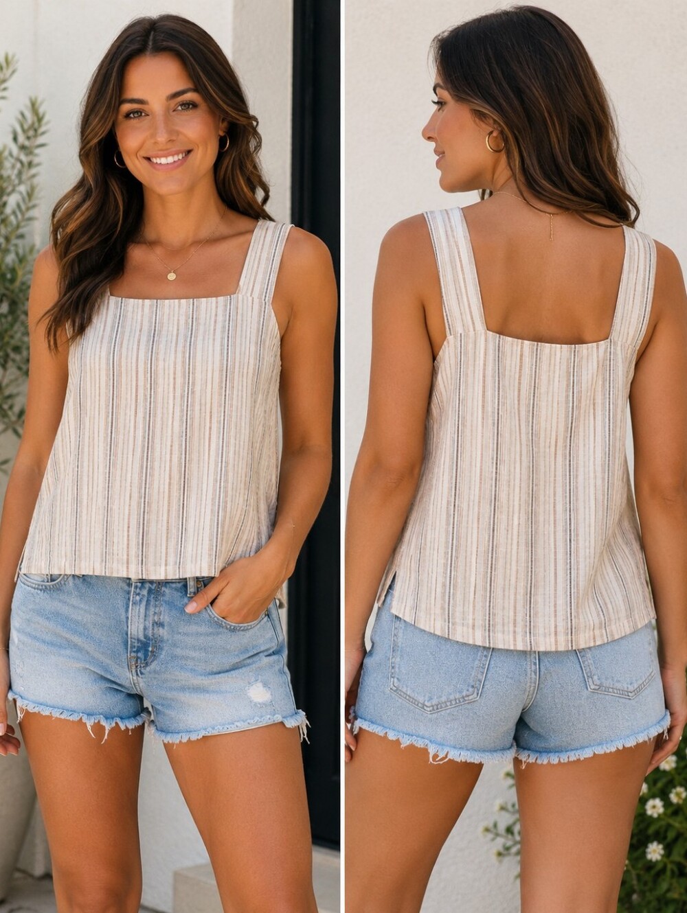 A-132 Lucky Brand XL Linen Blend Striped Crop Tank Top Cream Beige